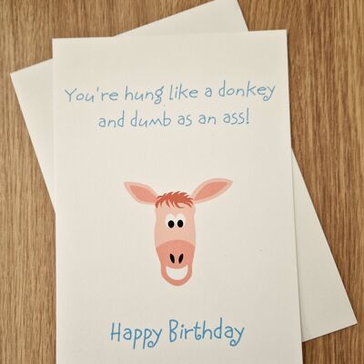 Tarjeta de cumpleaños grosera divertida para él - Colgado como un burro