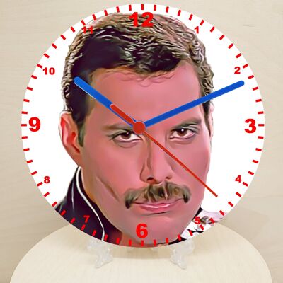 Male Pop & Rock Star Clocks, Cartoon Style Characters On A Quartz Clock, Stand or Wall Mounted, Battery Included - Freddie Mercury - 200mm Diameter