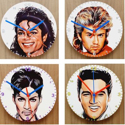 Male Pop & Rock Star Clocks, Cartoon Style Characters On A Quartz Clock, Stand or Wall Mounted, Battery Included - George Michael - 200mm Diameter