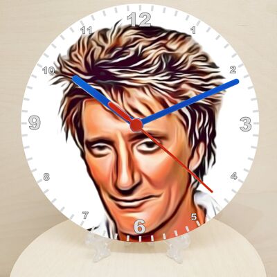 Male Pop & Rock Star Clocks, Cartoon Style Characters On A Quartz Clock, Stand or Wall Mounted, Battery Included - Rod Stewart - 200mm Diameter