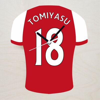 Quartz Clock In Style of Arsenal Shirts With Players Name & Number, Lots of Players Available - Tomiyasu - 200mm x 150mm