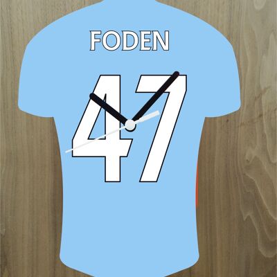 Quartz Clock In Style of Man City Shirts With Players Name & Number, Lots of Players Available - Foden - 200mm x 150mm