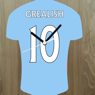 Quartz Clock In Style of Man City Shirts With Players Name & Number, Lots of Players Available - Grealish - 200mm x 150mm