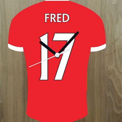 Quartz Clock In Style of Man Utd Shirts With Players Name & Number, Lots of Players Available - Fred - 200mm x 150mm