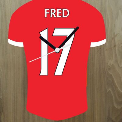 Quartz Clock In Style of Man Utd Shirts With Players Name & Number, Lots of Players Available - Fred - 300mm x 225mm