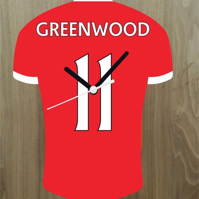 Quartz Clock In Style of Man Utd Shirts With Players Name & Number, Lots of Players Available - Greenwood - 200mm x 150mm