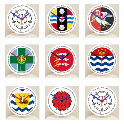 English Counties Clock, Flag Of Your Chosen County On A Quartz Clock, With Towns Listed Around EdgeStand or Wall Mounted, 200mm - Choose Your County