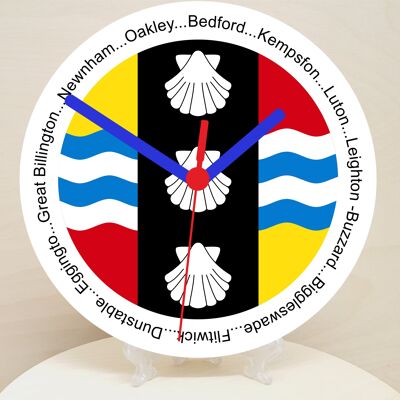 English Counties Clock, Flag Of Your Chosen County On A Quartz Clock, With Towns Listed Around EdgeStand or Wall Mounted, 200mm - Bedfordshire