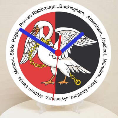 English Counties Clock, Flag Of Your Chosen County On A Quartz Clock, With Towns Listed Around EdgeStand or Wall Mounted, 200mm - Buckinghamshire