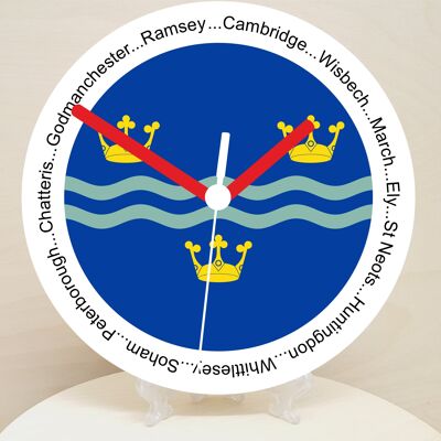 English Counties Clock, Flag Of Your Chosen County On A Quartz Clock, With Towns Listed Around EdgeStand or Wall Mounted, 200mm - Cambridgeshire