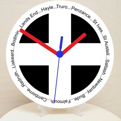 English Counties Clock, Flag Of Your Chosen County On A Quartz Clock, With Towns Listed Around EdgeStand or Wall Mounted, 200mm - Cornwall