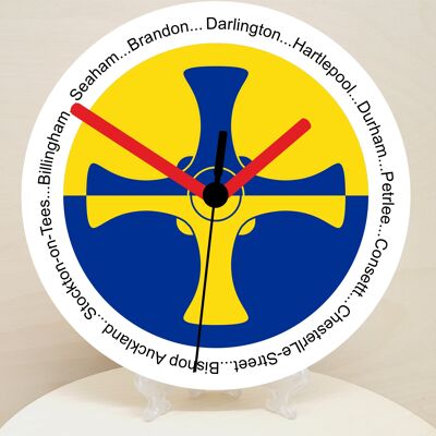 English Counties Clock, Flag Of Your Chosen County On A Quartz Clock, With Towns Listed Around EdgeStand or Wall Mounted, 200mm - County Durham