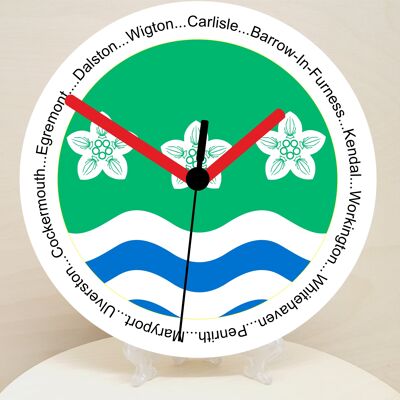 English Counties Clock, Flag Of Your Chosen County On A Quartz Clock, With Towns Listed Around EdgeStand or Wall Mounted, 200mm - Cumberland