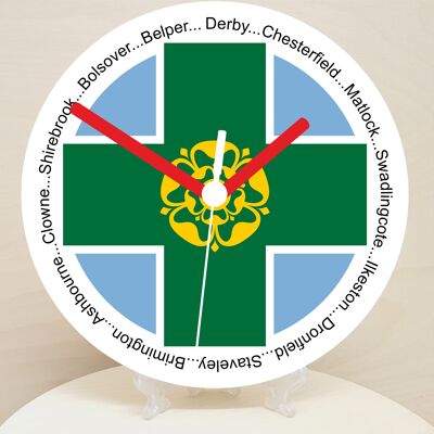 English Counties Clock, Flag Of Your Chosen County On A Quartz Clock, With Towns Listed Around EdgeStand or Wall Mounted, 200mm - Derbyshire