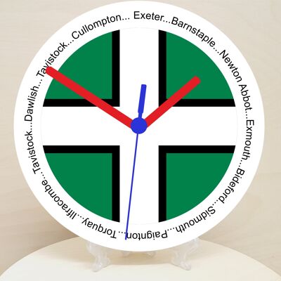 English Counties Clock, Flag Of Your Chosen County On A Quartz Clock, With Towns Listed Around EdgeStand or Wall Mounted, 200mm - Devon