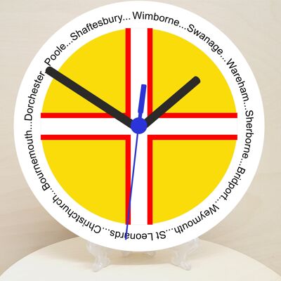 English Counties Clock, Flag Of Your Chosen County On A Quartz Clock, With Towns Listed Around EdgeStand or Wall Mounted, 200mm - Dorset