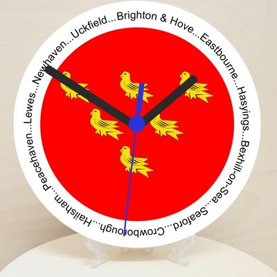 English Counties Clock, Flag Of Your Chosen County On A Quartz Clock, With Towns Listed Around EdgeStand or Wall Mounted, 200mm - East Sussex