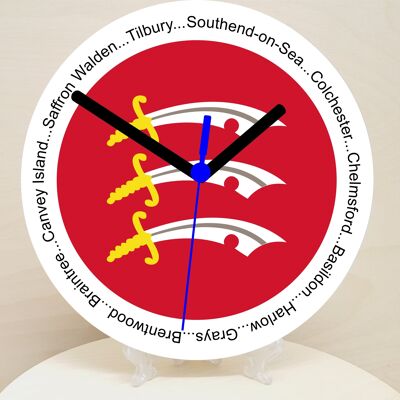English Counties Clock, Flag Of Your Chosen County On A Quartz Clock, With Towns Listed Around EdgeStand or Wall Mounted, 200mm - Essex