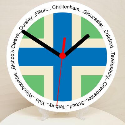 English Counties Clock, Flag Of Your Chosen County On A Quartz Clock, With Towns Listed Around EdgeStand or Wall Mounted, 200mm - Gloucestershire