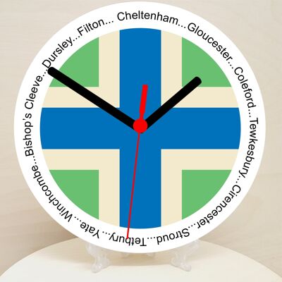 English Counties Clock, Flag Of Your Chosen County On A Quartz Clock, With Towns Listed Around EdgeStand or Wall Mounted, 200mm - Gloucestershire