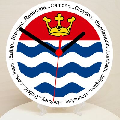 English Counties Clock, Flag Of Your Chosen County On A Quartz Clock, With Towns Listed Around EdgeStand or Wall Mounted, 200mm - Greater London