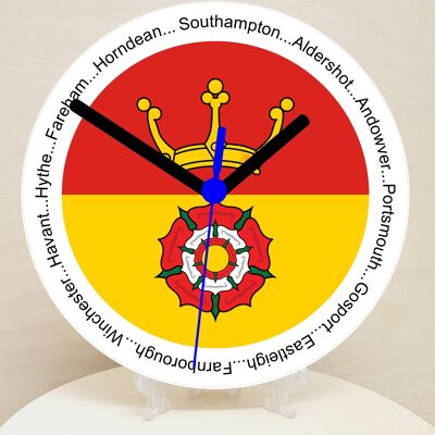 English Counties Clock, Flag Of Your Chosen County On A Quartz Clock, With Towns Listed Around EdgeStand or Wall Mounted, 200mm - Hampshire
