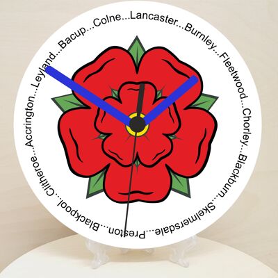 English Counties Clock, Flag Of Your Chosen County On A Quartz Clock, With Towns Listed Around EdgeStand or Wall Mounted, 200mm - Lancashire