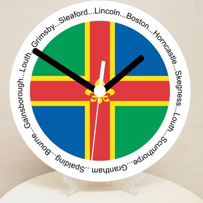 English Counties Clock, Flag Of Your Chosen County On A Quartz Clock, With Towns Listed Around EdgeStand or Wall Mounted, 200mm - Lincolnshire