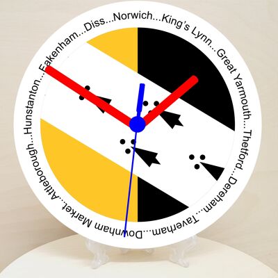 English Counties Clock, Flag Of Your Chosen County On A Quartz Clock, With Towns Listed Around EdgeStand or Wall Mounted, 200mm - Norfolk