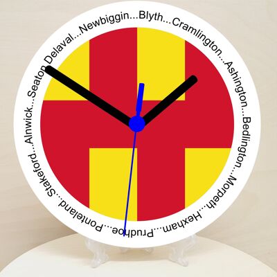 English Counties Clock, Flag Of Your Chosen County On A Quartz Clock, With Towns Listed Around EdgeStand or Wall Mounted, 200mm - Northumberland