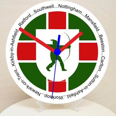 English Counties Clock, Flag Of Your Chosen County On A Quartz Clock, With Towns Listed Around EdgeStand or Wall Mounted, 200mm - Nottinghamshire