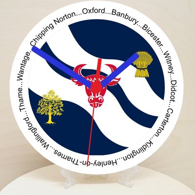 English Counties Clock, Flag Of Your Chosen County On A Quartz Clock, With Towns Listed Around EdgeStand or Wall Mounted, 200mm - Oxfordshire