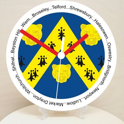 English Counties Clock, Flag Of Your Chosen County On A Quartz Clock, With Towns Listed Around EdgeStand or Wall Mounted, 200mm - Shropshire