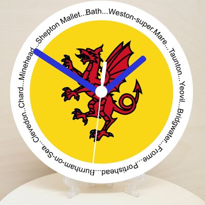 English Counties Clock, Flag Of Your Chosen County On A Quartz Clock, With Towns Listed Around EdgeStand or Wall Mounted, 200mm - Somerset