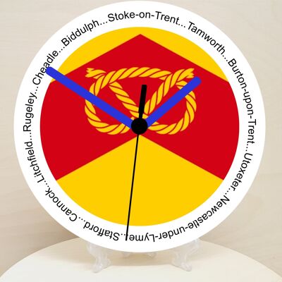English Counties Clock, Flag Of Your Chosen County On A Quartz Clock, With Towns Listed Around EdgeStand or Wall Mounted, 200mm - Staffordshire