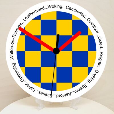 English Counties Clock, Flag Of Your Chosen County On A Quartz Clock, With Towns Listed Around EdgeStand or Wall Mounted, 200mm - Surrey