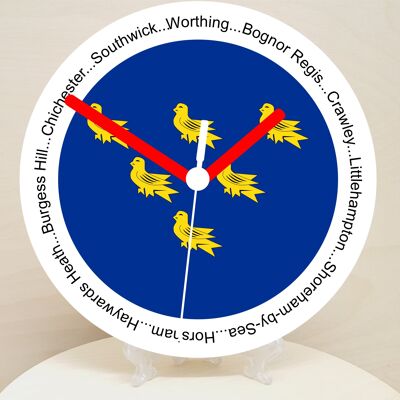 English Counties Clock, Flag Of Your Chosen County On A Quartz Clock, With Towns Listed Around EdgeStand or Wall Mounted, 200mm - West Sussex