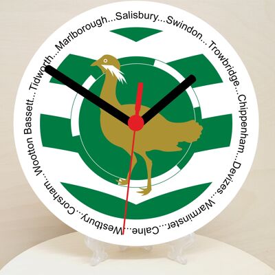 English Counties Clock, Flag Of Your Chosen County On A Quartz Clock, With Towns Listed Around EdgeStand or Wall Mounted, 200mm - Wiltshire