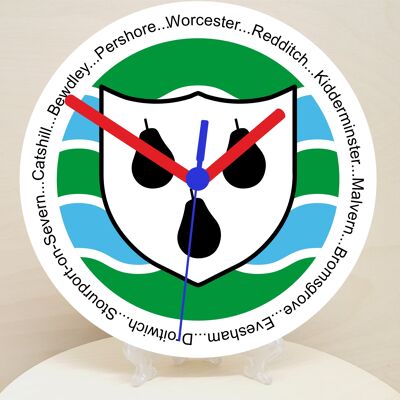 English Counties Clock, Flag Of Your Chosen County On A Quartz Clock, With Towns Listed Around EdgeStand or Wall Mounted, 200mm - Worcestershire