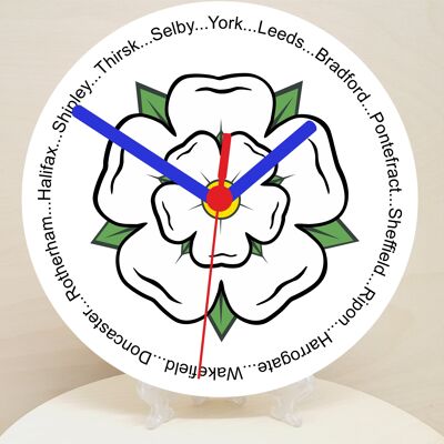 English Counties Clock, Flag Of Your Chosen County On A Quartz Clock, With Towns Listed Around EdgeStand or Wall Mounted, 200mm - Yorkshire