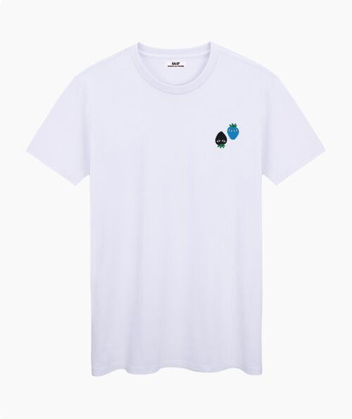 Black and blue logos white unisex t-shirt