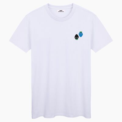 Black and blue logos white unisex t-shirt
