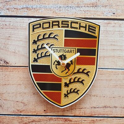 Car Makes Classic Car Related Pictures on a Quartz Clock, Stand or Wall Mounted, 200mm, Battery Included - Porsche Badge - 200mm High