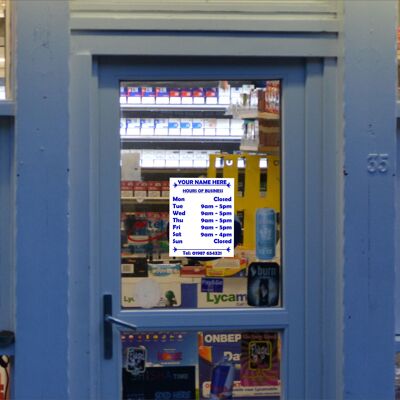 Opening Closing Times Sticker Sign for Shop Door or Window, Business Premises with Name and Telephone Number or Graphics - Design 04 - Blue