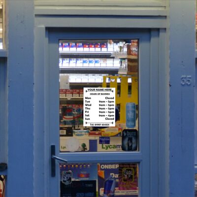 Opening Closing Times Sticker Sign for Shop Door or Window, Business Premises with Name and Telephone Number or Graphics - Design 05 - Red & Blue