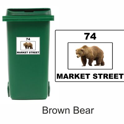3 x Animal Themed Wheelie Bin Stickers, Address Sign, House Home or Business, Door Number Road Name Sticker, A5 or A4 Size - A5 (210mm x 147mm) - Brown Bear