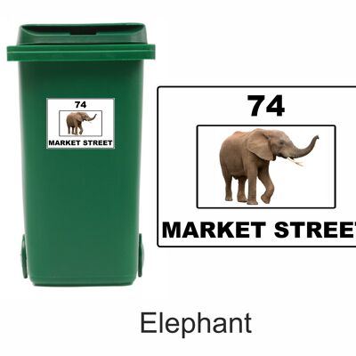 3 x Animal Themed Wheelie Bin Stickers, Address Sign, House Home or Business, Door Number Road Name Sticker, A5 or A4 Size - A5 (210mm x 147mm) - Elephant