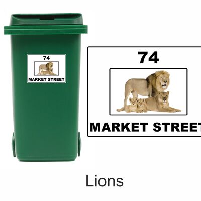 3 x Animal Themed Wheelie Bin Stickers, Address Sign, House Home or Business, Door Number Road Name Sticker, A5 or A4 Size - A5 (210mm x 147mm) - Lions
