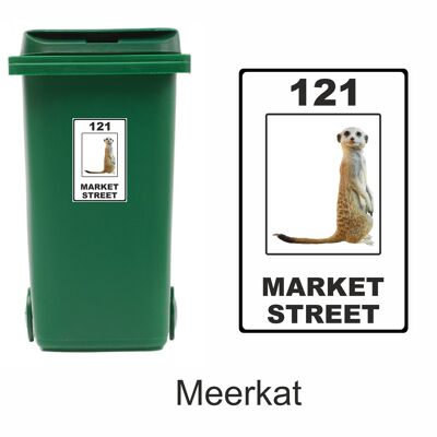3 x Animal Themed Wheelie Bin Stickers, Address Sign, House Home or Business, Door Number Road Name Sticker, A5 or A4 Size - A5 (210mm x 147mm) - Meerkat