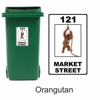 3 x Animal Themed Wheelie Bin Stickers, Address Sign, House Home or Business, Door Number Road Name Sticker, A5 or A4 Size - A5 (210mm x 147mm) - Orangutan